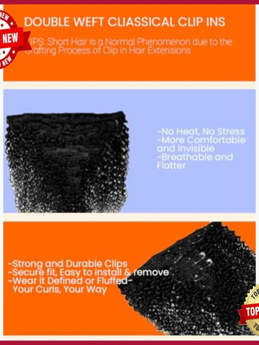 Real Human Hair Clip-In Extensions 14 Inch Kinky Curly 8 Pieces